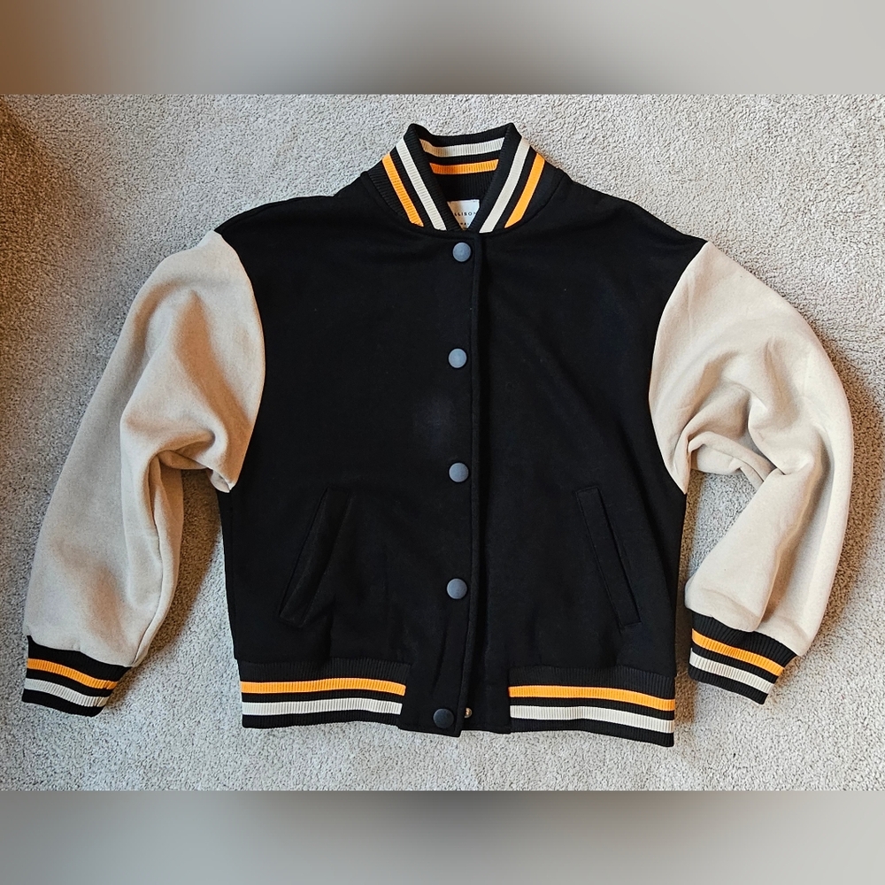 Ellison Women's Fleece Varsity Jacket Black And Cream, Orange Striping S
